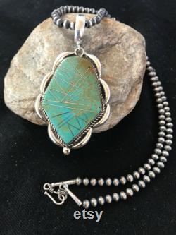 Stunning Navajo Pearls Sterling Silver Turquoise Necklace Inlay Pendant 1099