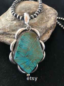 Stunning Navajo Pearls Sterling Silver Turquoise Necklace Inlay Pendant 1099