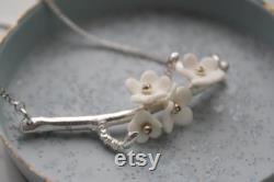 Summer blossom solid sterling silver necklace with porcelain flowers cherry blossom branch silver twig necklace branch jewelry
