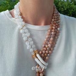 Sunstone long modern boho necklace Chunky big bold necklace Statement beaded unusual necklace Big bead white wedding necklace Mom wife gift