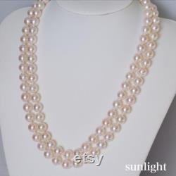 Super Feminine Akoya Pearl Double Strand Beaded Necklace 18 46cm, White with Pink Overtone 8-8.5mm, Japanese Pearl Jewelry