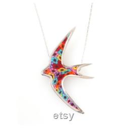 Swallow Necklace, Handmade Jewelry with Millefiori Polymer Clay, 925 Sterling Silver, Colorful Swallow Jewelry, Anniversary Gift for Women