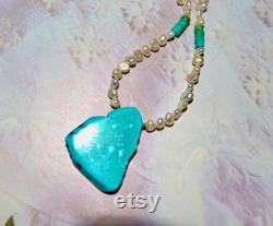 TURQUOISE NUGGET HEART Pearl Pendant Necklace Dainty Fresh Water Pearls Turquoise Heishi Beads Unique Turquoise Magnesite Heart Pendant