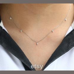 Teardrop Diamond Station Necklace 14k 18k Solid Gold Dainty Diamond Necklace Chain Diamond Choker Thin Minimalist Necklace for Women