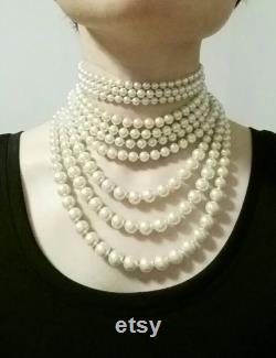 The Crown Series, Multi Strand, Ten Strand, 6mm, 8mm, and 10mm Ivory Glass Pearls Choker with Silver Color Clasp