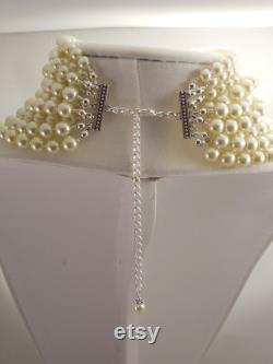 The Crown Series, Multi Strand, Ten Strand, 6mm, 8mm, and 10mm Ivory Glass Pearls Choker with Silver Color Clasp