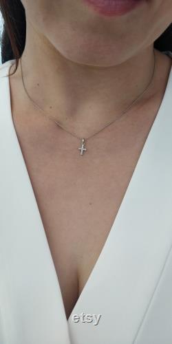 Tiny Diamond Cross Necklace, 0.15 CT Natural Real White Diamonds in 18K white gold, Color F-G Clarity VS-VVS, Catholic gift