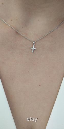 Tiny Diamond Cross Necklace, 0.15 CT Natural Real White Diamonds in 18K white gold, Color F-G Clarity VS-VVS, Catholic gift