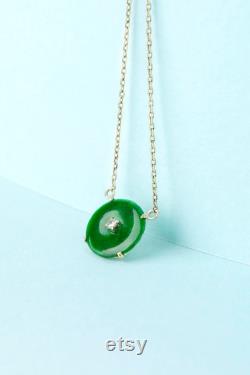 Tiny Green jade circle coin necklace gold