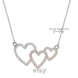 Triple Heart Necklace, Diamond Necklace With Chain, 14K White Gold Plated, Wedding Pendant, 2.3 Ct Simulated Diamond, Women's Gift Necklace