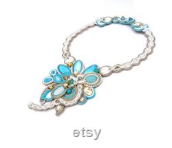 Turquoise Bridal Necklace, Handmade Soutache Necklace Choker, Beige Gold and Turquoise, Bridal Jewelry, Soutache Jewelry