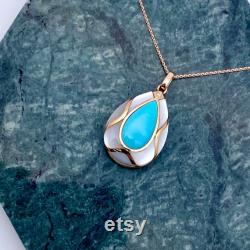 Turquoise and Mother Of Pearl Pendant 18K Rose Gold