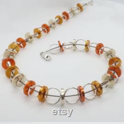 Unique Geometric Necklace, Silver and Orange