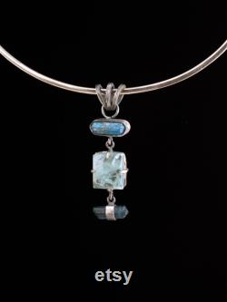 Unique double terminated blue Apatite , square polished Aquamarine Sterling Silver Rustic Finish Crystal Pendant Necklace