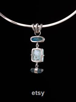 Unique double terminated blue Apatite , square polished Aquamarine Sterling Silver Rustic Finish Crystal Pendant Necklace