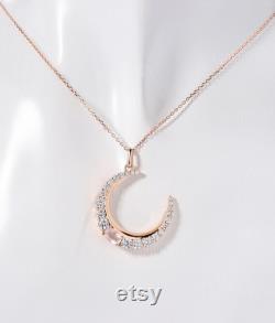 Unique oval cut rose quartz pendant vintage celestial moon necklace rose gold necklace round moissanite charm necklace anniversary necklace