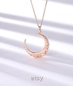 Unique oval cut rose quartz pendant vintage celestial moon necklace rose gold necklace round moissanite charm necklace anniversary necklace