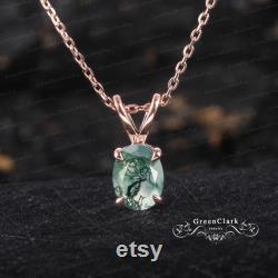 Unique oval green moss agate necklace Solid 14k gold solitaire pendant Women personalized gemstone necklace Handmade jewelry gift for wife