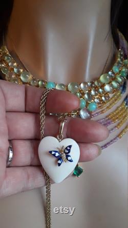 Victorian 14k Gold Diamond Enamel Butterfly On The Heart Pendant And Chain Necklace One Of A Kind