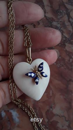 Victorian 14k Gold Diamond Enamel Butterfly On The Heart Pendant And Chain Necklace One Of A Kind