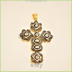Victorian Cross Pendant, 925 Sterling Silver Polki and Pave Diamond Fine Pendant, Handmade Antique Jewelry Pendant
