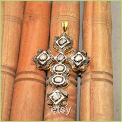 Victorian Cross Pendant, 925 Sterling Silver Polki and Pave Diamond Fine Pendant, Handmade Antique Jewelry Pendant