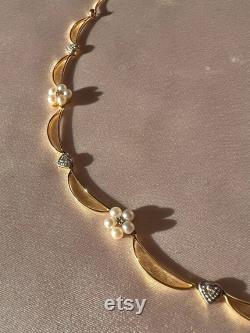 Vintage 14k Diamond Pearl Floral Crescent Necklace