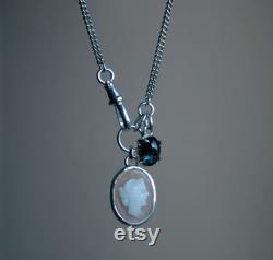 Vintage Cameo, Teal Kyanite Cabochon and Sterling Silver Necklace ready to ship