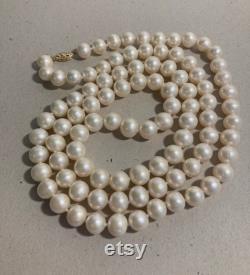 Vintage Cultured 8mm Pearl Necklace, 35 inches, Opera Length, Knotted, Lustrous Candlelight Color, 14k yellow Gold Clasp
