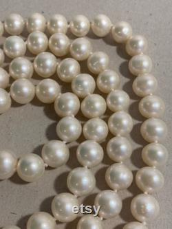 Vintage Cultured 8mm Pearl Necklace, 35 inches, Opera Length, Knotted, Lustrous Candlelight Color, 14k yellow Gold Clasp