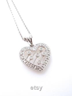 Vintage Diamond Heart Necklace 14K White Gold and Diamonds Open Heart Pendant with 14K Chain Sweetheart Valentines Love 4348