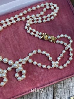 Vintage JKA Köhle faux pearl necklace double strand, gold plated 925 stamped. Graduated and knotted. 17 inch