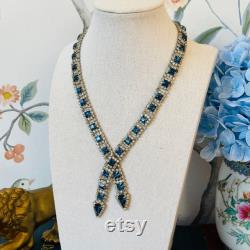 Vintage Kramer Sapphire Blue and Clear Crystal Lariat Statement Necklace (1940 s)