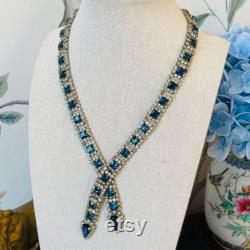 Vintage Kramer Sapphire Blue and Clear Crystal Lariat Statement Necklace (1940 s)