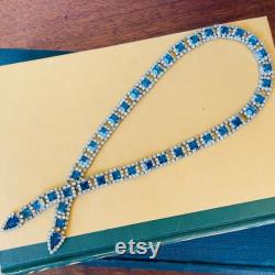 Vintage Kramer Sapphire Blue and Clear Crystal Lariat Statement Necklace (1940 s)