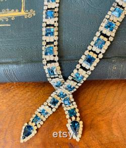 Vintage Kramer Sapphire Blue and Clear Crystal Lariat Statement Necklace (1940 s)