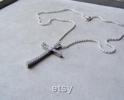 Vintage silver cross and chain, solid sterling, platinum plated, modern cross necklace, with cubic zirconium stones, mid nineties
