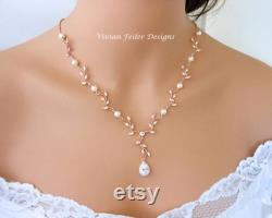 Wedding Necklace Pearl Rose Gold Y Bridal VINE LEAF BACKDROP Cubic Zirconia Maid of Honor Mother of the Bride
