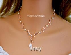 Wedding Necklace Pearl Rose Gold Y Bridal VINE LEAF BACKDROP Cubic Zirconia Maid of Honor Mother of the Bride