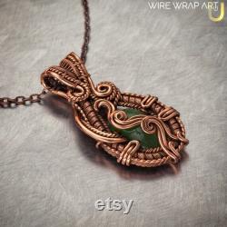 Wire wrapped jade pendant, Woven wire copper pendant, Unique design copper necklace, Artisan jewelry, 7th and 22nd Anniversary gift for wife