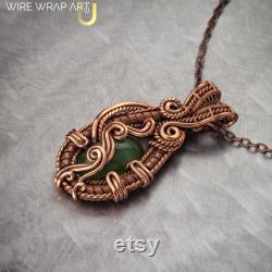 Wire wrapped jade pendant, Woven wire copper pendant, Unique design copper necklace, Artisan jewelry, 7th and 22nd Anniversary gift for wife