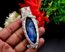 Wire wrapped pendant, Blue Labradorite necklace, Wire wrapped jewelry Boho handmade pendant, Blue gemstone Silver Gs Rendome color sm