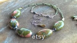 Women's Green Unakite Necklace with New Jade, Boho Chic Statement, Chunky Natural Stones Collier, for her IndigoLayne