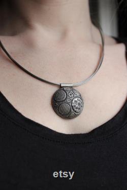 XL Big Ball Texture Necklace made of Sterling silver and Black patina, Matte finish, Metalsmith, round pendant