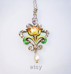 c.1900 Antique Jugendstil 935 Silver Enamel Pearl Faux Diamond Paste Lavaliere Pendant Chain Necklace Art Nouveau Edwardian Fine Jewelry