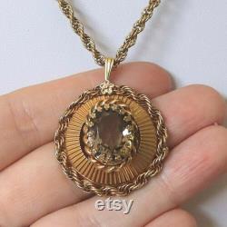 c1950s Vintage 12k Gold Filled Real Topaz Rope Pendant and Chain Hallmark Signed