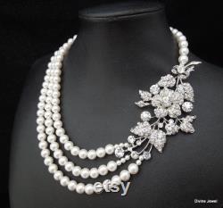 pearl bridal necklace, wedding Pearl Necklace, wedding rhinestone Necklace, crystal necklace, Statement necklace, wedding jewelry, DARCIE