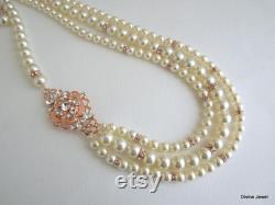 rose gold bridal pearl necklace, wedding Rhinestone necklace, wedding necklace bridal jewelry, pearl necklace, rhinestone necklace, ROSELANI
