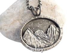 silver mountain pendant, rustic landscape necklace, black silver mountain charm, outdoor pendant mountain range, unique gift for her
